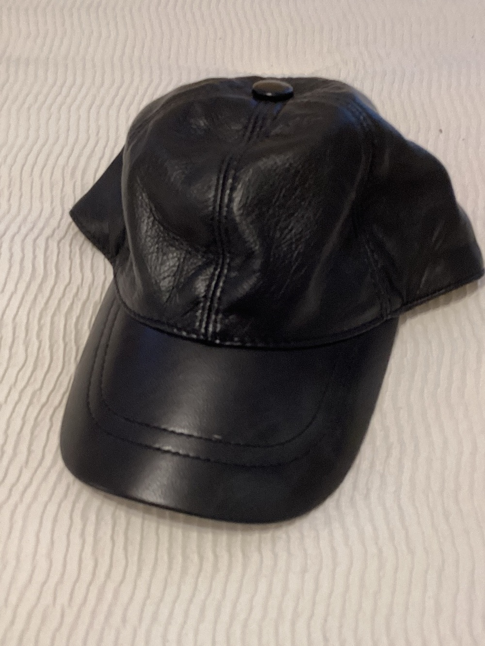 Black Faux Leather Baseball Cap with Stitch Detailing